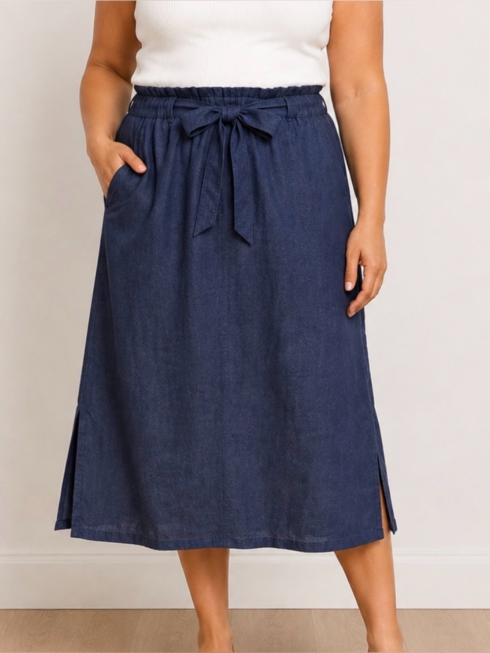 Denim & Co. Petite Linen Blend Midi Skirt Belt Navy Size LP A654652